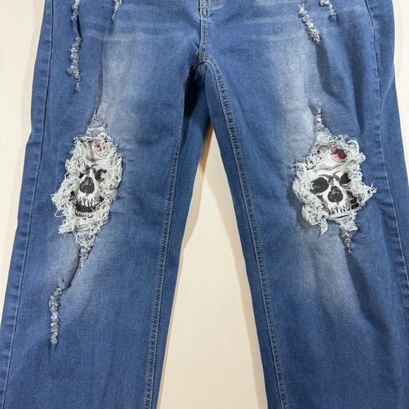 Stretchy Jeans Skull Ripped Denim Blue L Unique Grunge Rocker Punk Streetwear - Picture 3 of 11